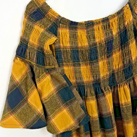 Taxi Women's Plaid Baby Doll Mini Dress Brown Gold Bell Sleeve Large - Picture 3 of 7